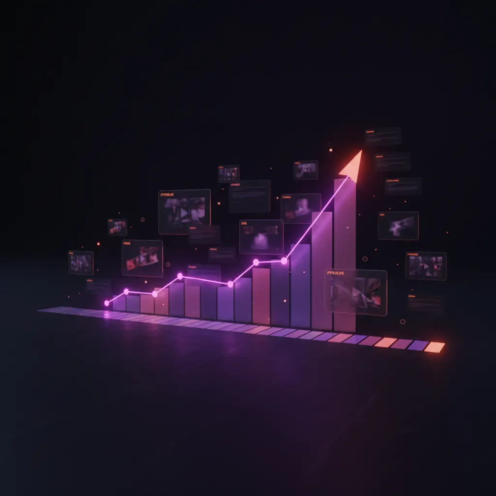 A 3D glowing upward trending chart next to video editing timeline elements