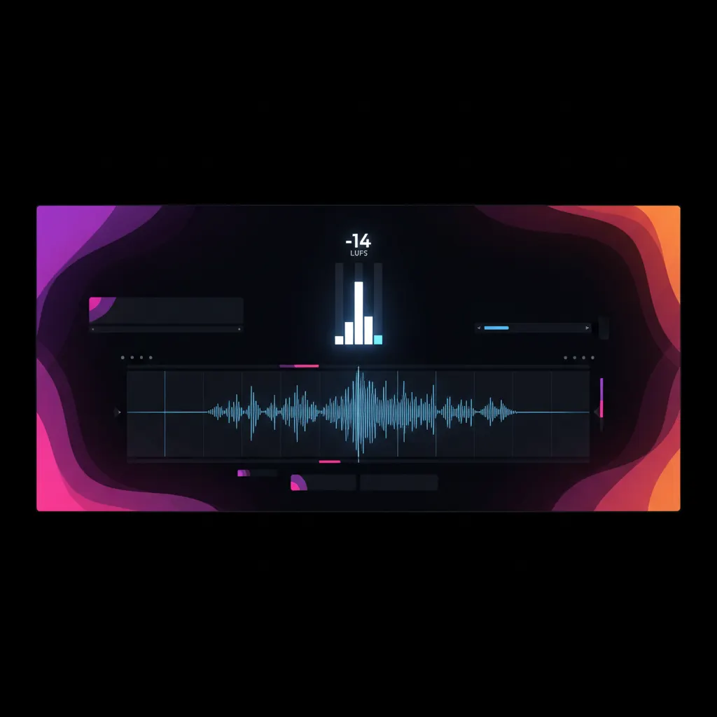 3D rendering of an audio loudness meter displaying -14 LUFS on a dark gradient background