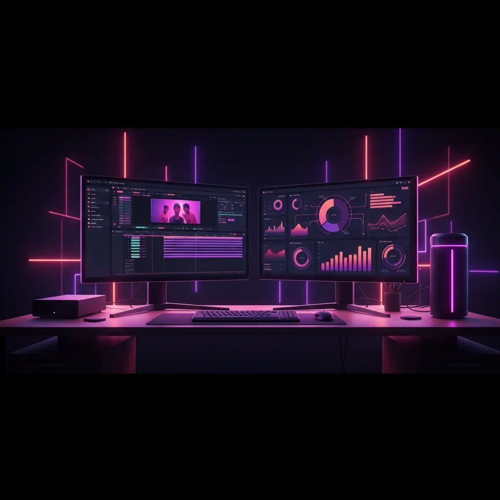 Modern desk setup with a monitor displaying video editing software timelines