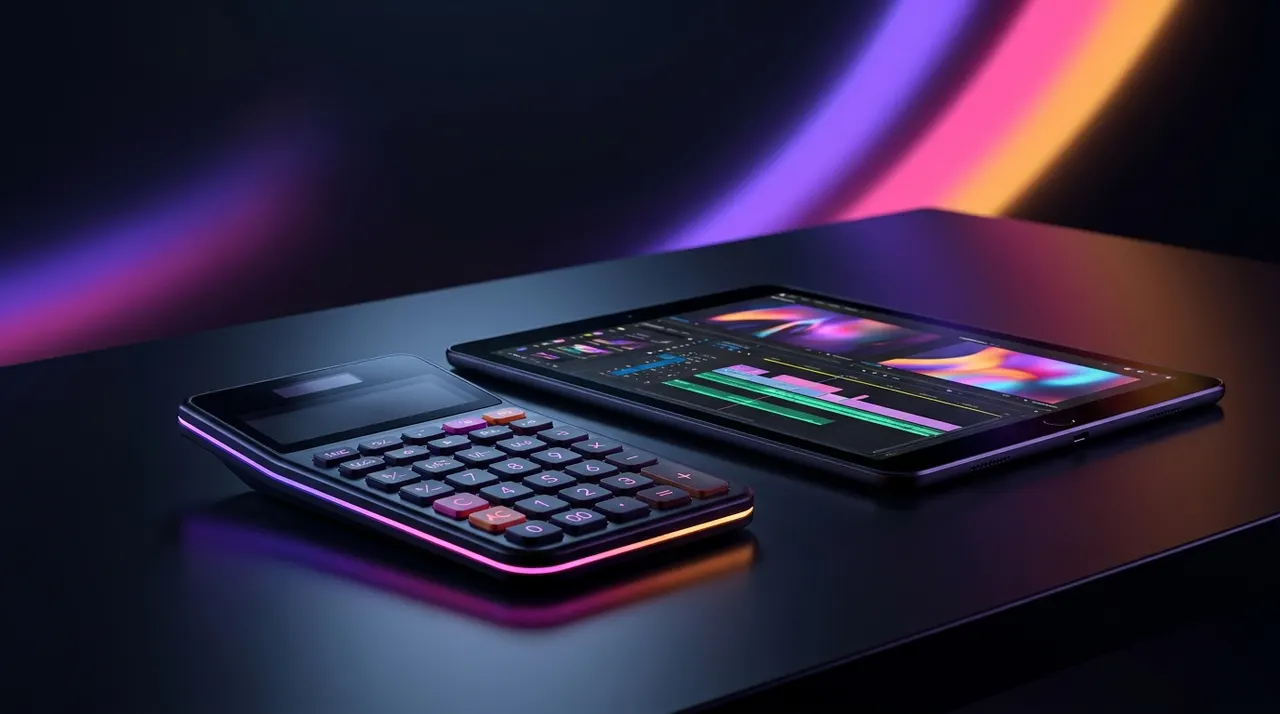 A glowing calculator and digital charts on a video editor desk