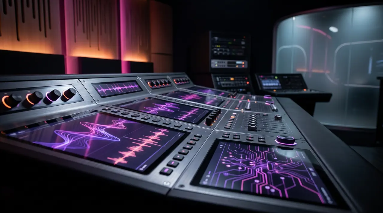 Glowing audio waveform wrapping around a video timeline with neon accents