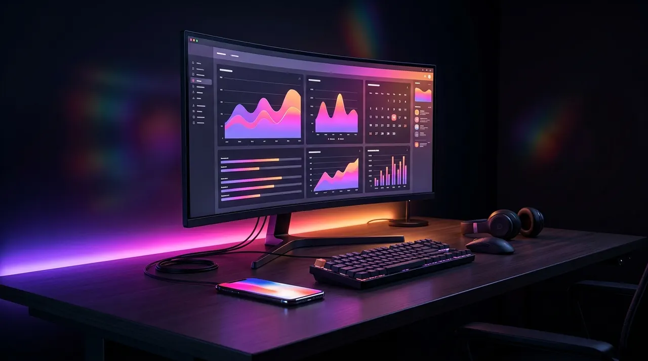 A modern editing workspace with a floating calendar and analytics dashboard