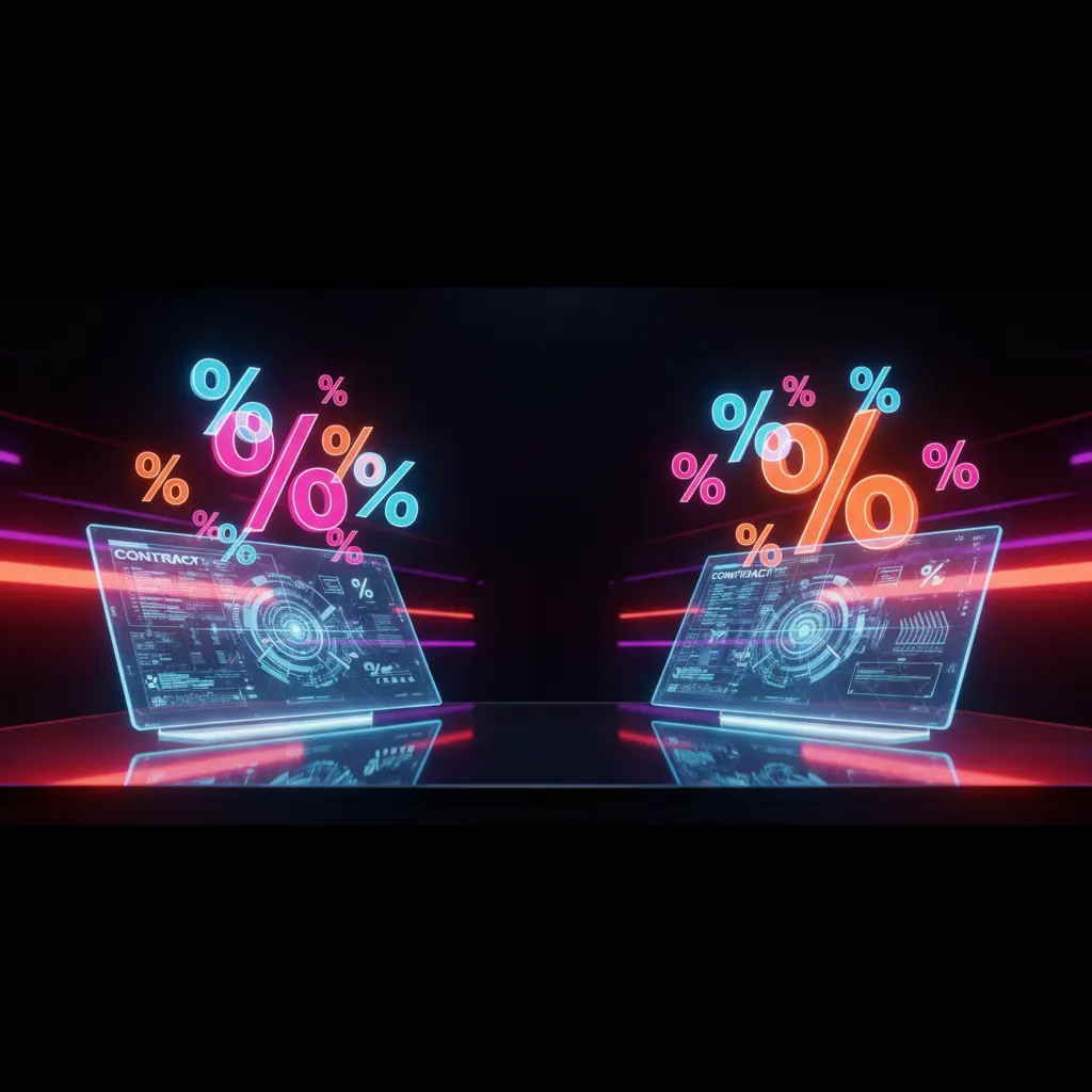 A glowing digital contract hovering over a modern video editing desk