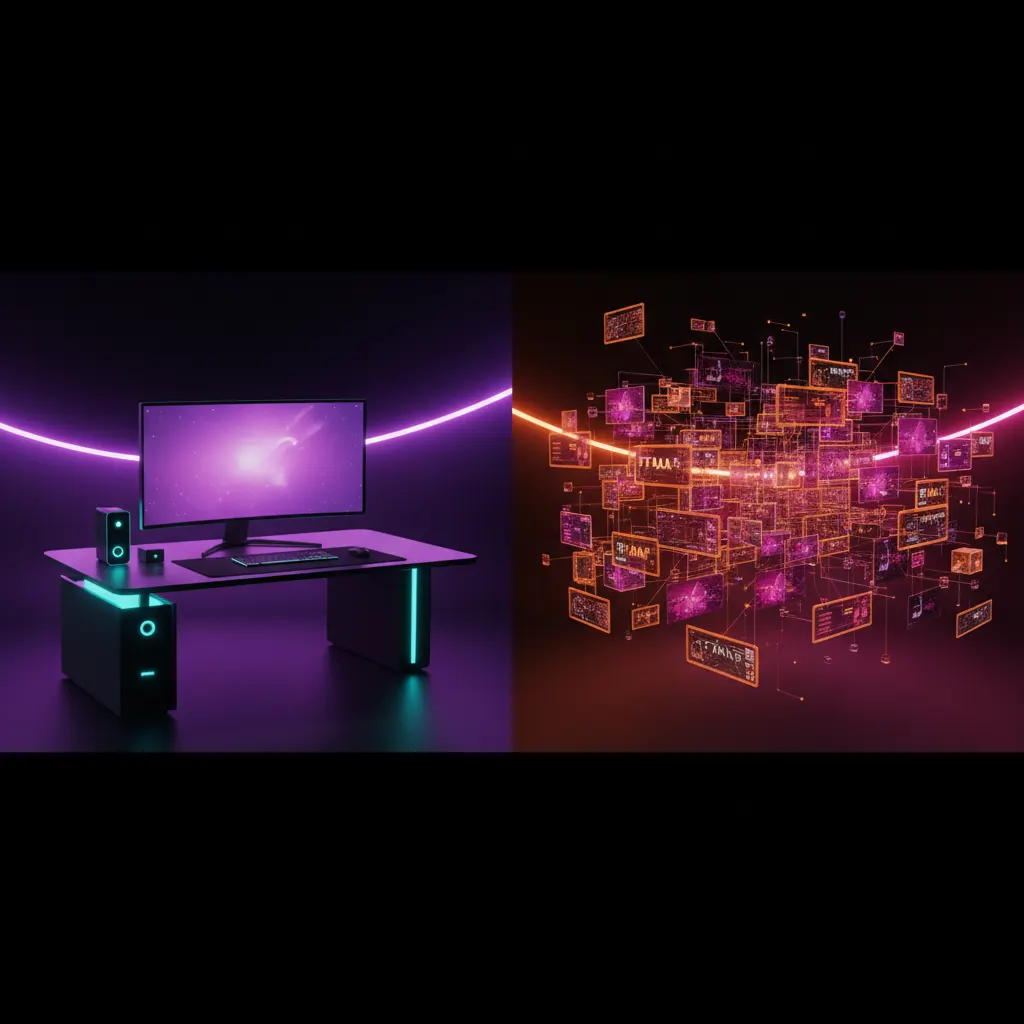 3D illustration of connected digital workspaces representing team video editing collaboration