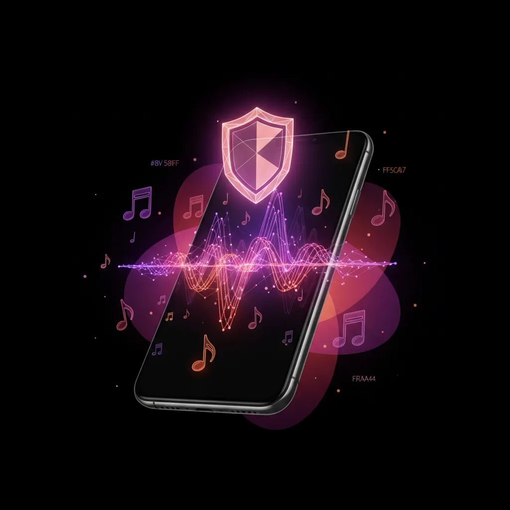 Glowing music note and commercial shield icon over a dark neon gradient background