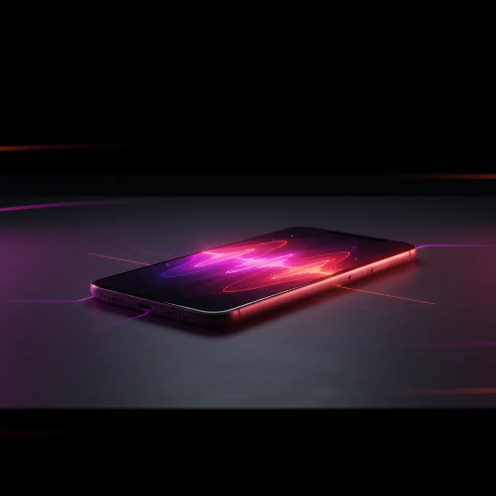Smartphone with audio waveform and copyright shield surrounded by musical notes