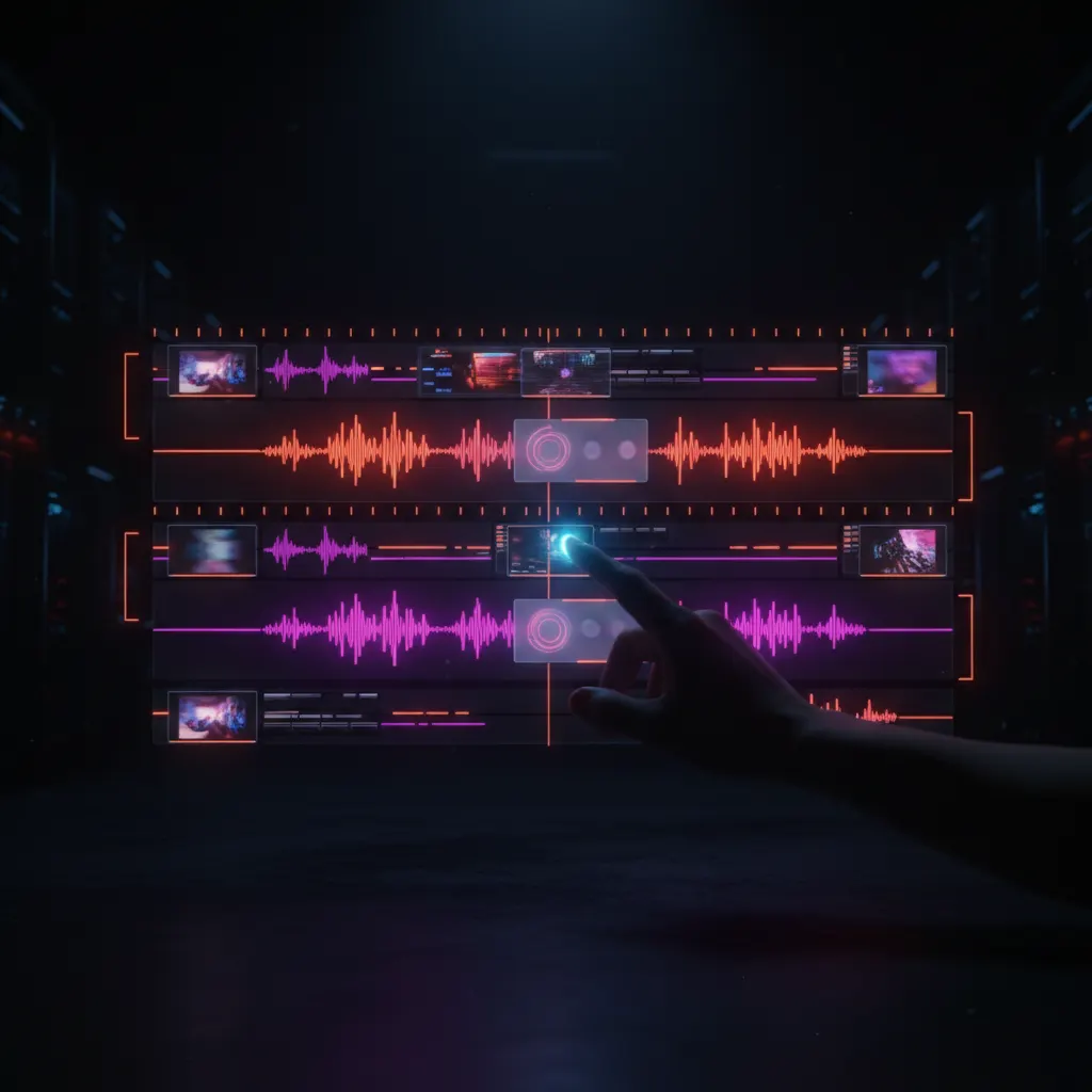 A glowing timeline editor interface against a dark background with neon accents