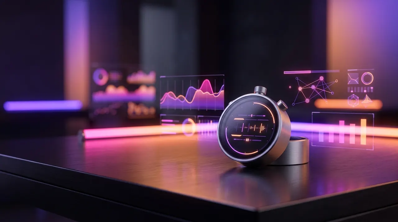 Digital stopwatch hovering over distinct color palettes and typography swatches