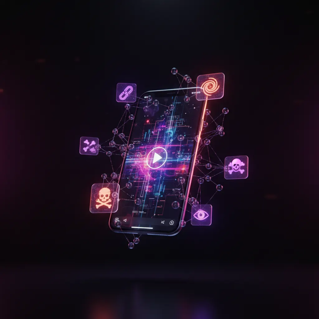 Smartphone screen with vertical video grid and a red warning symbol