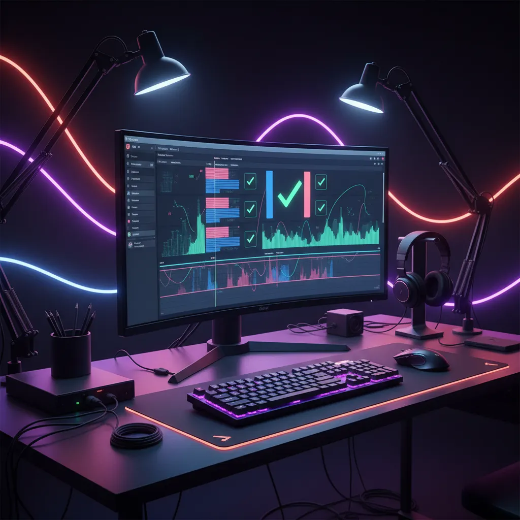 Modern video editing workstation with multiple monitors in a dark room with neon accents