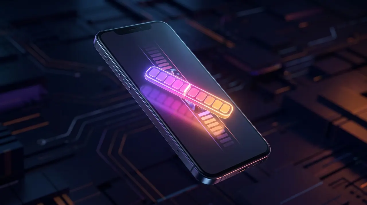 A smartphone displaying a vertical video timeline over a dark neon background